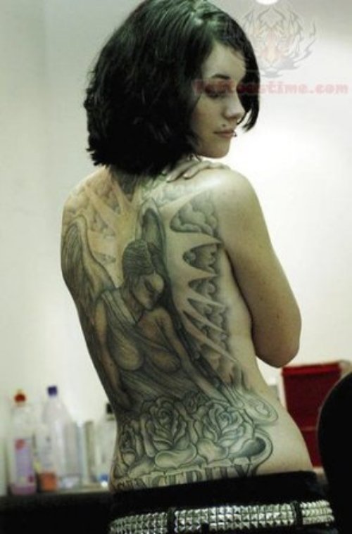 Grey Ink Angel Tattoo On Lowerback